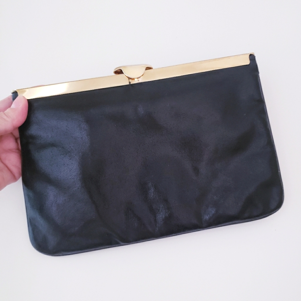 Vintage Black Leather Slim Clutch Bag